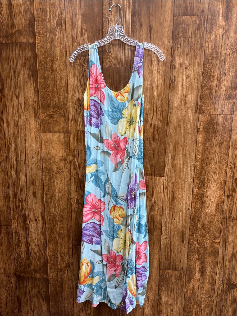 Express Light Blue Floral Maxi Dress with Pink, Yellow & Purple Blooms